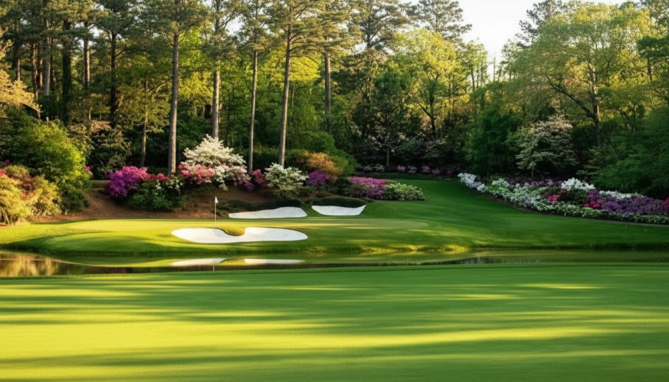 Manicured championship golf hole framed by azaleas and pines