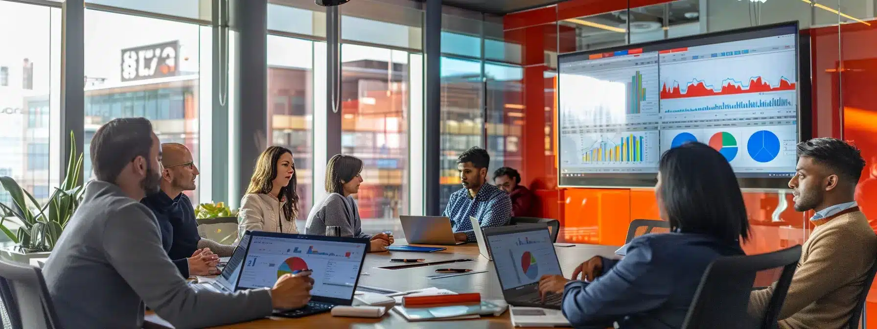 a dynamic office setting features a diverse team of professionals engaged in a vibrant brainstorming session, surrounded by digital screens displaying social media analytics and medical content insights, symbolizing the power of multi-channel marketing strategies in the healthcare industry.