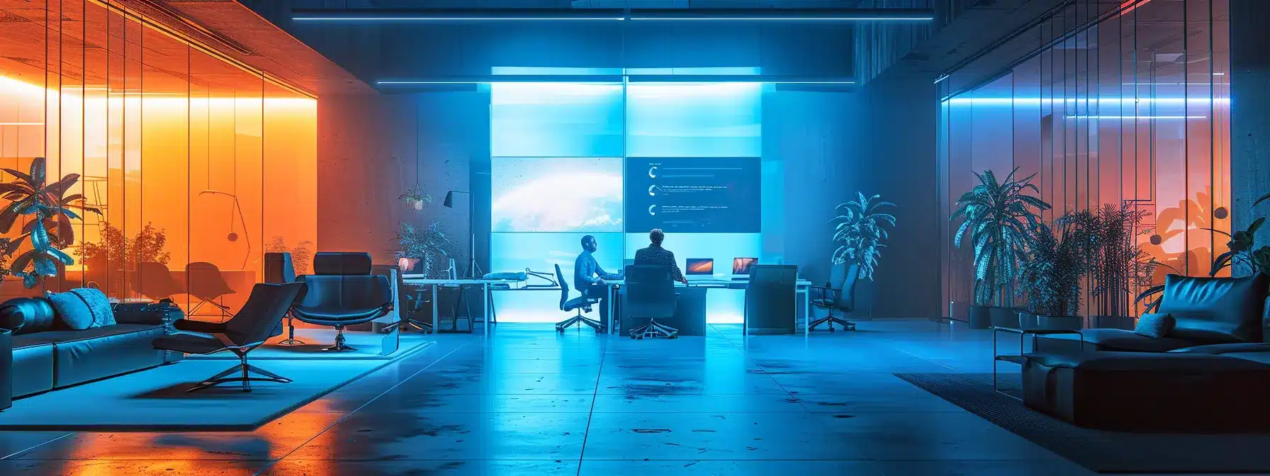 a futuristic office filled with sleek, minimalist furniture and glowing screens, showcasing a dynamic team engaged in a high-energy brainstorming session under bright, focused lighting.