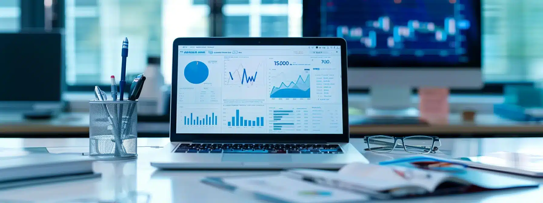 a modern digital marketing workspace featuring a sleek laptop displaying seo analytics, surrounded by medical textbooks and infographics, highlighting the intersection of healthcare and effective online content optimization.