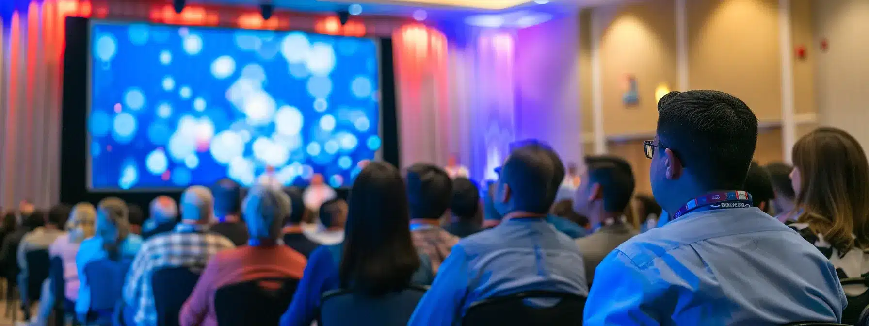a modern healthcare conference setting, showcasing a diverse group of professionals engaged in a lively discussion around a large screen displaying compelling medical content marketing strategies.