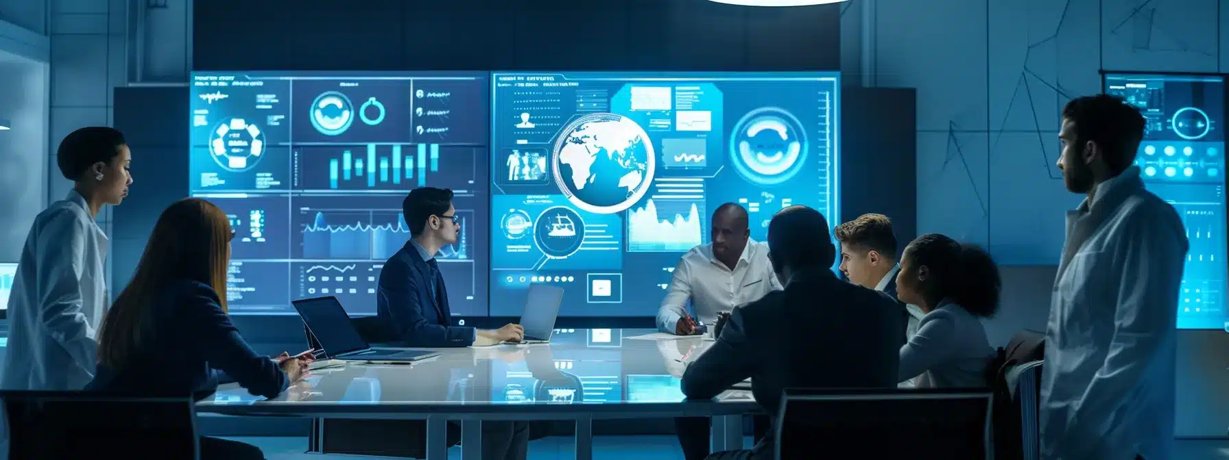 a modern healthcare marketing office buzzes with activity as diverse professionals collaborate around a sleek conference table, analyzing digital engagement strategies on vibrant screens and discussing tailored content approaches for various patient personas.