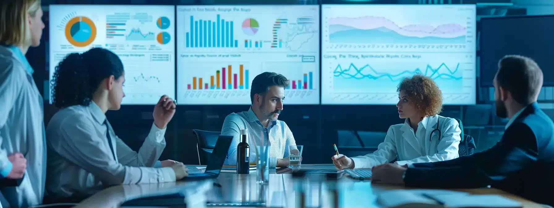 a modern healthcare marketing team huddles around a sleek conference table, intently analyzing vibrant graphs and charts on a large screen, emphasizing their data-driven approach to refining medical content strategies based on user feedback.