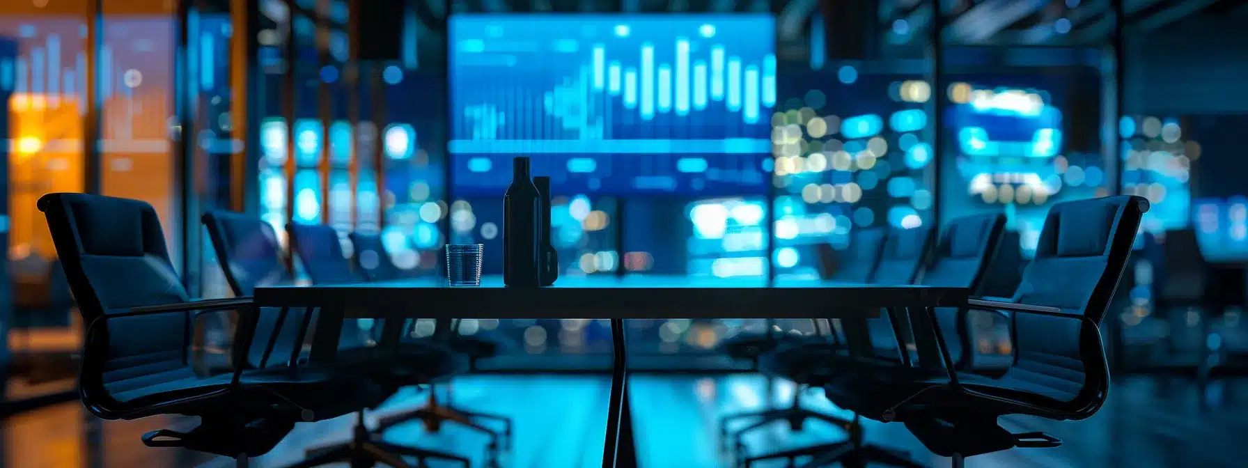 a sleek, modern office space is illuminated by soft, ambient lighting, showcasing large screens displaying dynamic data analytics and a central conference table surrounded by high-backed chairs, conveying a sense of cutting-edge technology and collaboration.