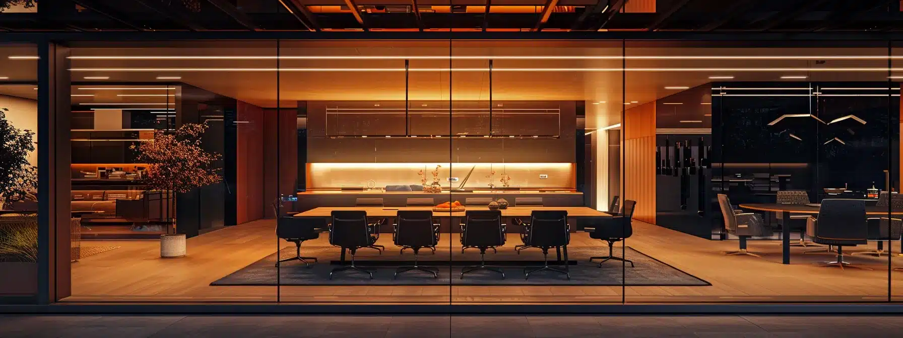 a sleek, modern office space featuring a minimalist conference room with large glass windows, showcasing an elegant oak table surrounded by stylish black chairs, illuminated by warm overhead lighting, conveying a sense of professionalism and focus.