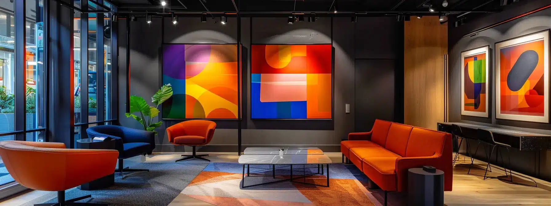 a sleek, modern office workspace with a striking contrast of bold geometric furniture and vibrant abstract artwork adorning the walls, illuminated by dynamic artificial lighting that emphasizes a professional yet creative atmosphere.