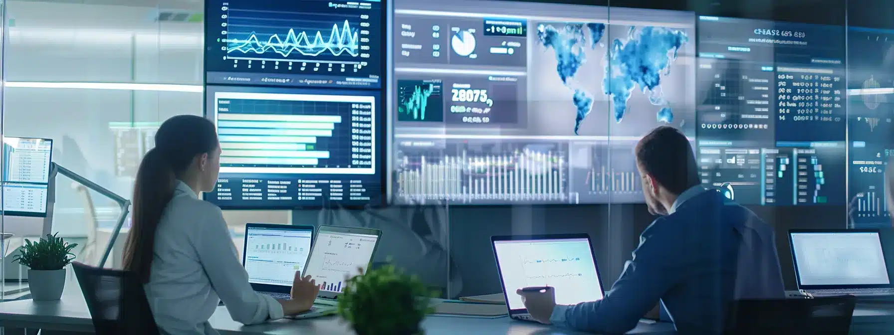 a sleek, modern office workspace showcases a large digital screen displaying data analytics and medical content metrics, while a strategically positioned team collaborates over laptops, highlighting the fusion of technology and healthcare marketing strategy.