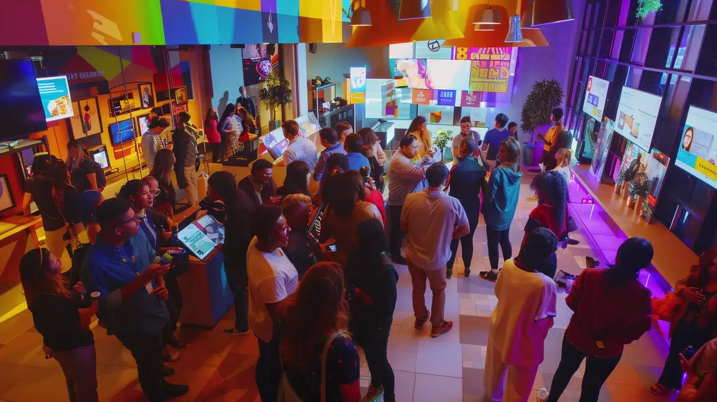 a vibrant and engaging community event scene, featuring a diverse group of locals interacting with colorful promotional displays and digital devices, capturing the essence of localized content and connection. a vibrant and engaging community event scene, featuring a diverse group of locals interacting with colorful promotional displays and digital devices, capturing the essence of localized content and connection.