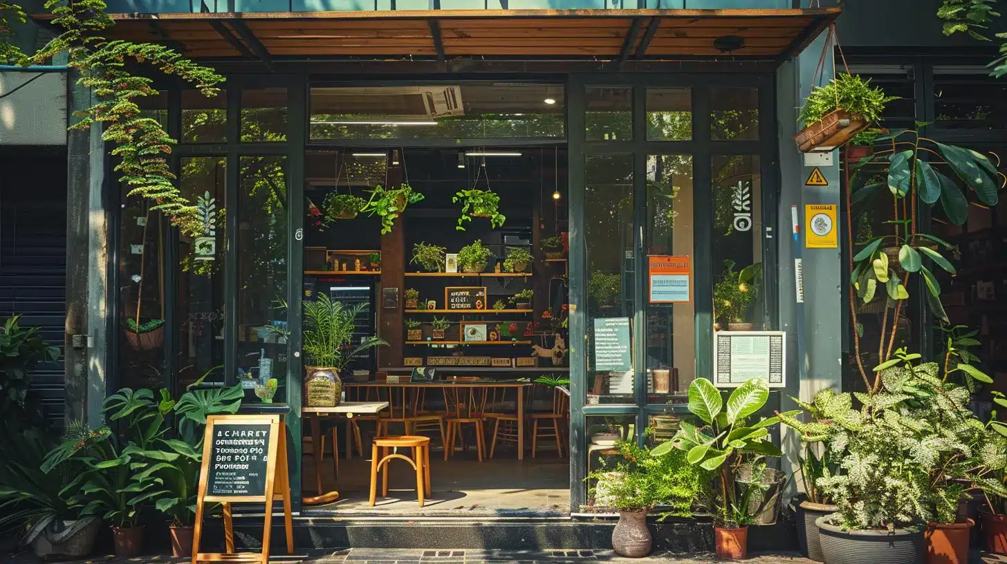a vibrant storefront with eye-catching signage and lush greenery, bathed in warm afternoon sunlight, exuding an inviting atmosphere that beckons local customers to explore. a vibrant storefront with eye-catching signage and lush greenery, bathed in warm afternoon sunlight, exuding an inviting atmosphere that beckons local customers to explore.