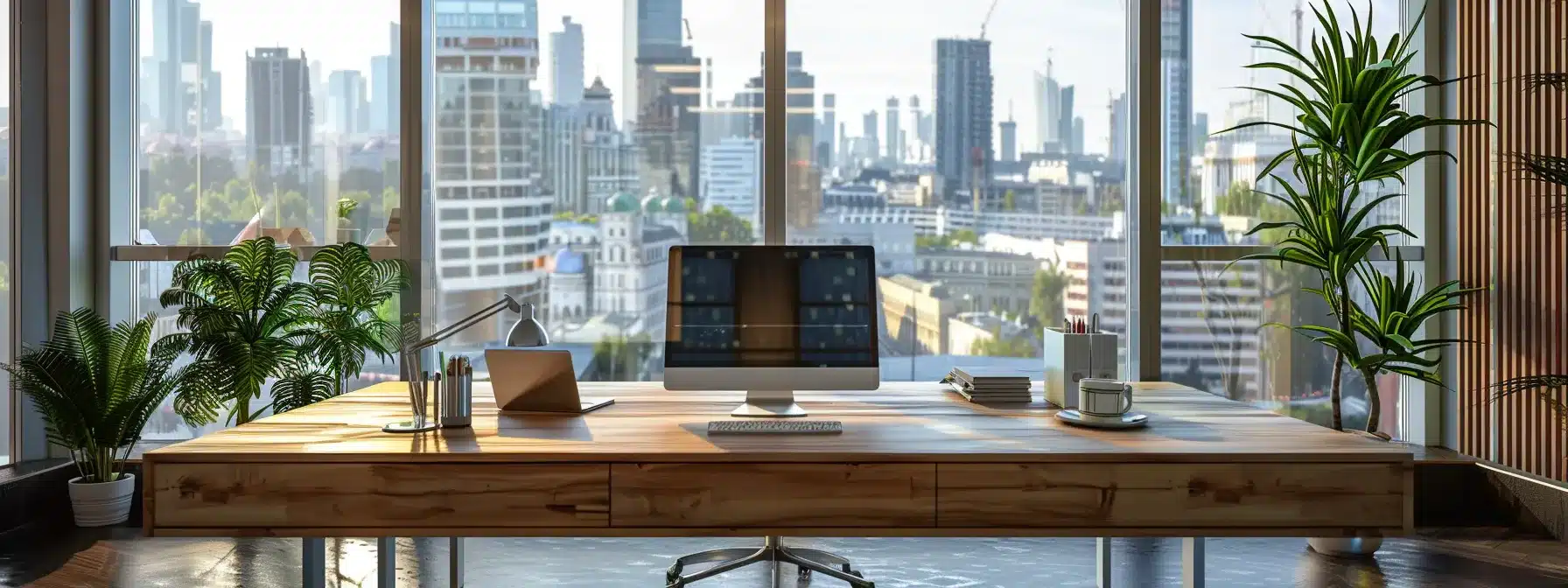 a sleek, modern office workspace, characterized by a polished wooden desk, a high-tech computer setup, and a vibrant cityscape visible through large floor-to-ceiling windows, exuding an atmosphere of innovation and productivity.