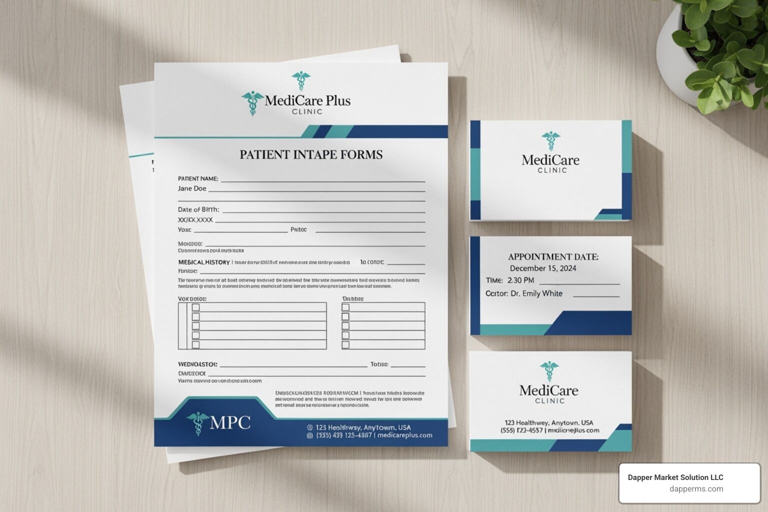 Branded patient intake forms and appointment reminder cards, showing consistent use of a medical practice's logo, colors, and typography. - Branding for medical practices Branded patient intake forms and appointment reminder cards, showing consistent use of a medical practice's logo, colors, and typography. - Branding for medical practices