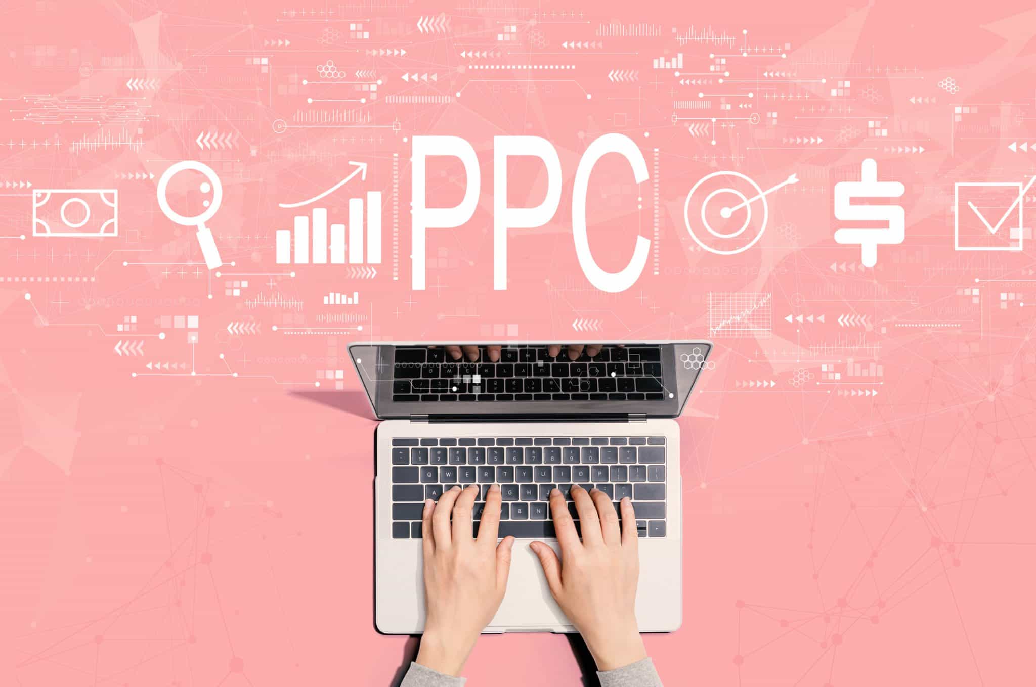 Hands typing on a laptop over a pink background that says PPC