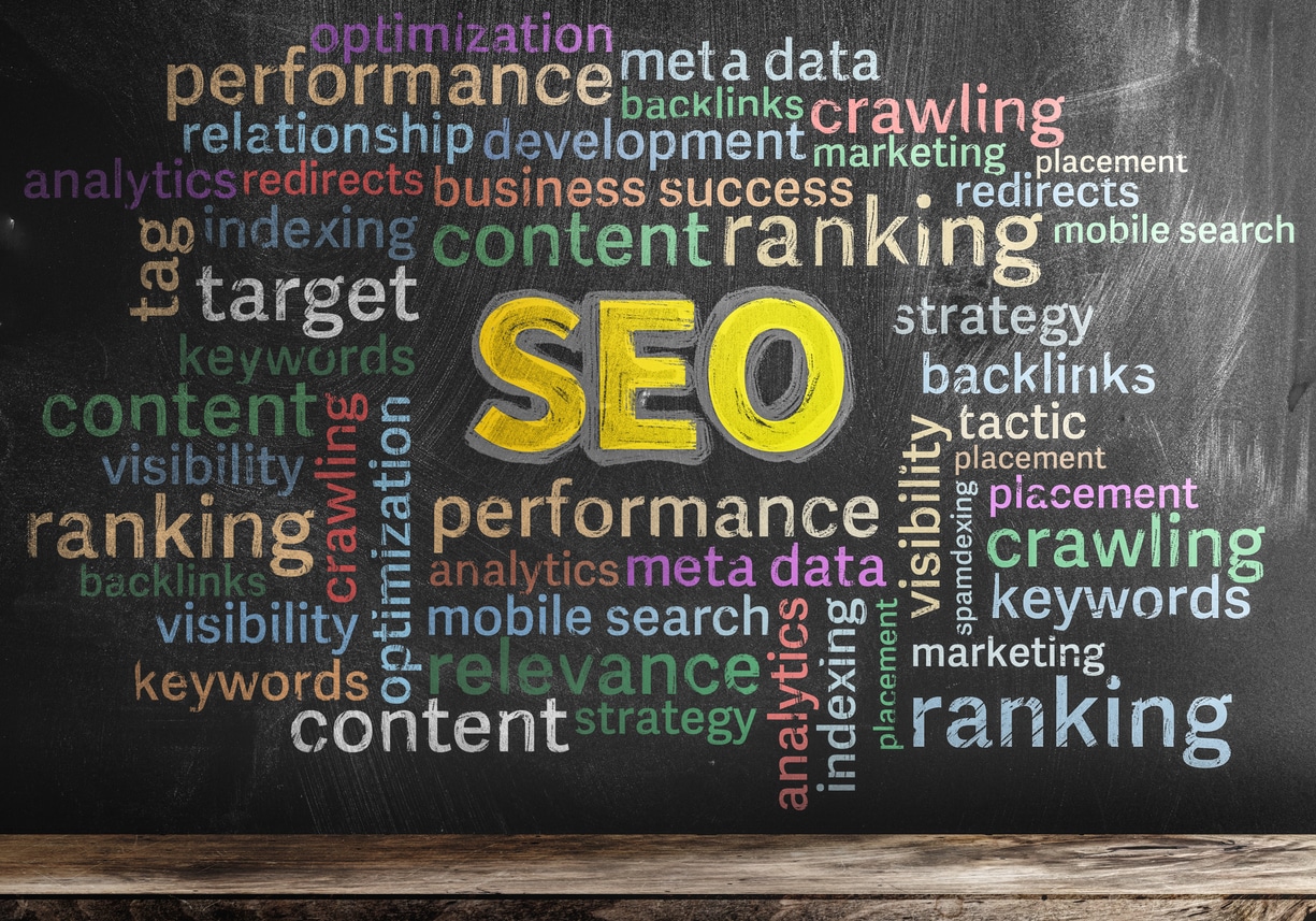 a chalkboard with marketing language and SEO in the middle