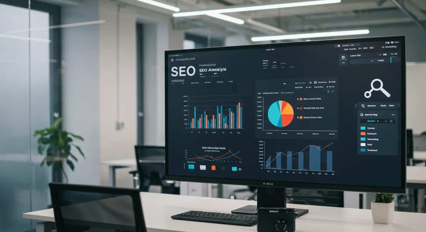 an engaging office workspace features a digital display showcasing a dynamic seo analysis dashboard, with vibrant graphs and local search data, emphasizing the importance of refining digital marketing strategies for local shoppers.