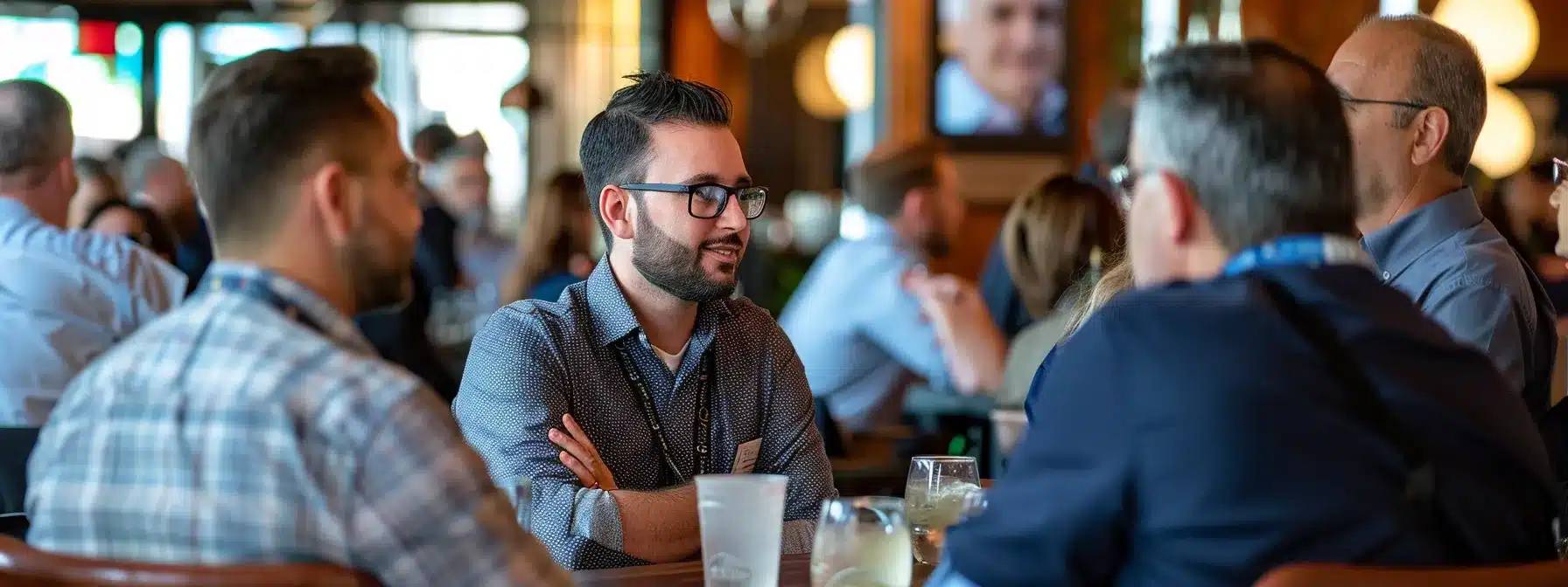 a bustling networking event filled with dynamic advertising professionals in michigan, bathed in warm, ambient lighting and showcasing engaging discussions and vibrant displays that highlight collaboration and innovation in marketing.