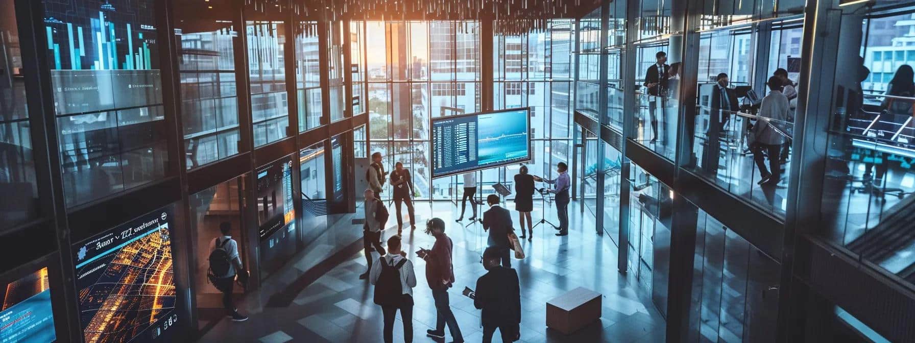 a bustling office environment with professionals gathered around a large screen, analyzing seo data together, illuminated by dynamic digital displays that highlight the importance of cross-departmental collaboration.