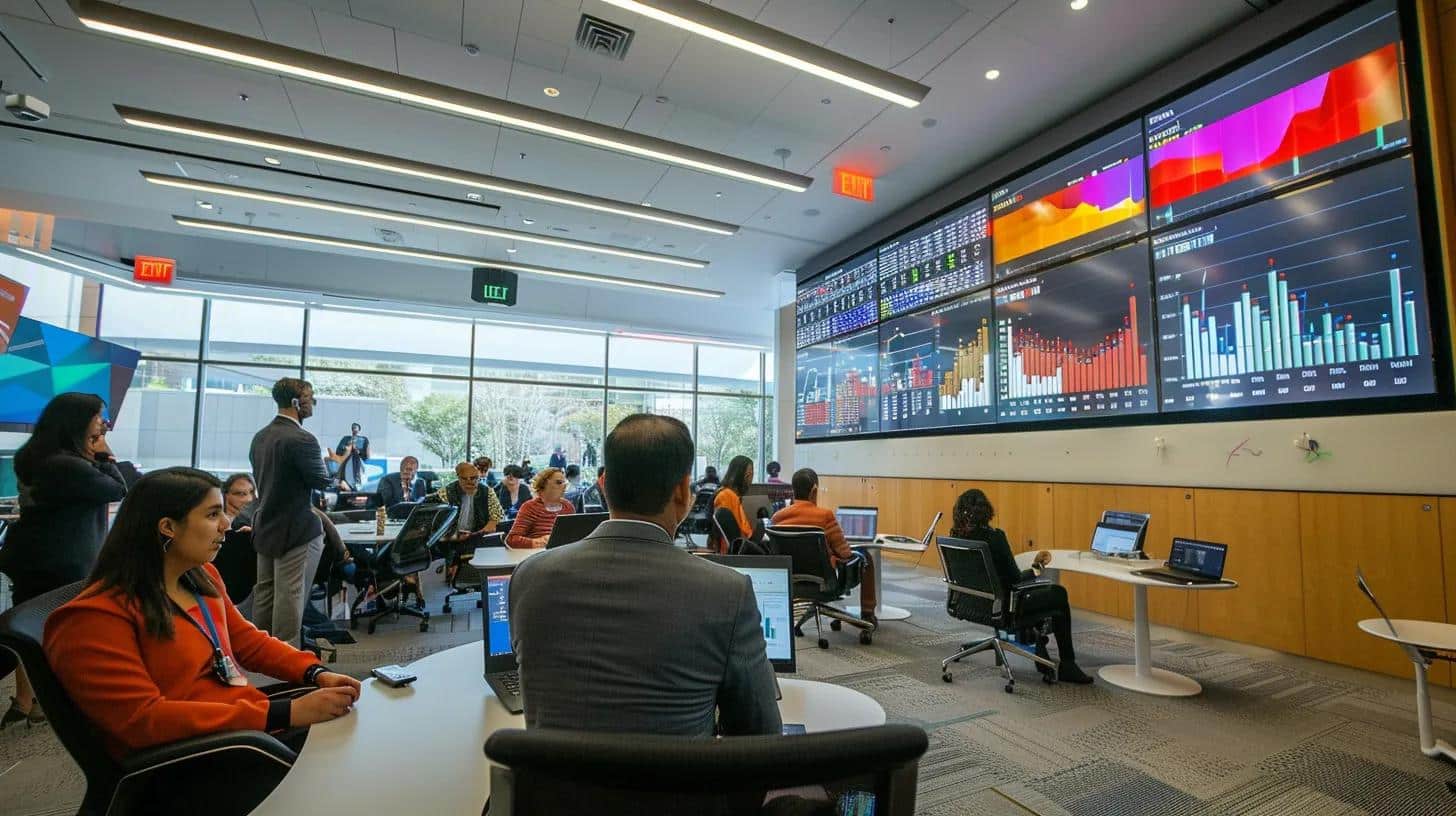 a bustling office workspace filled with diverse professionals engaged in digital marketing strategies, vibrant graphs displayed on monitors, and dynamic brainstorming sessions, all reflecting the drive to boost e-commerce success in south lyon.