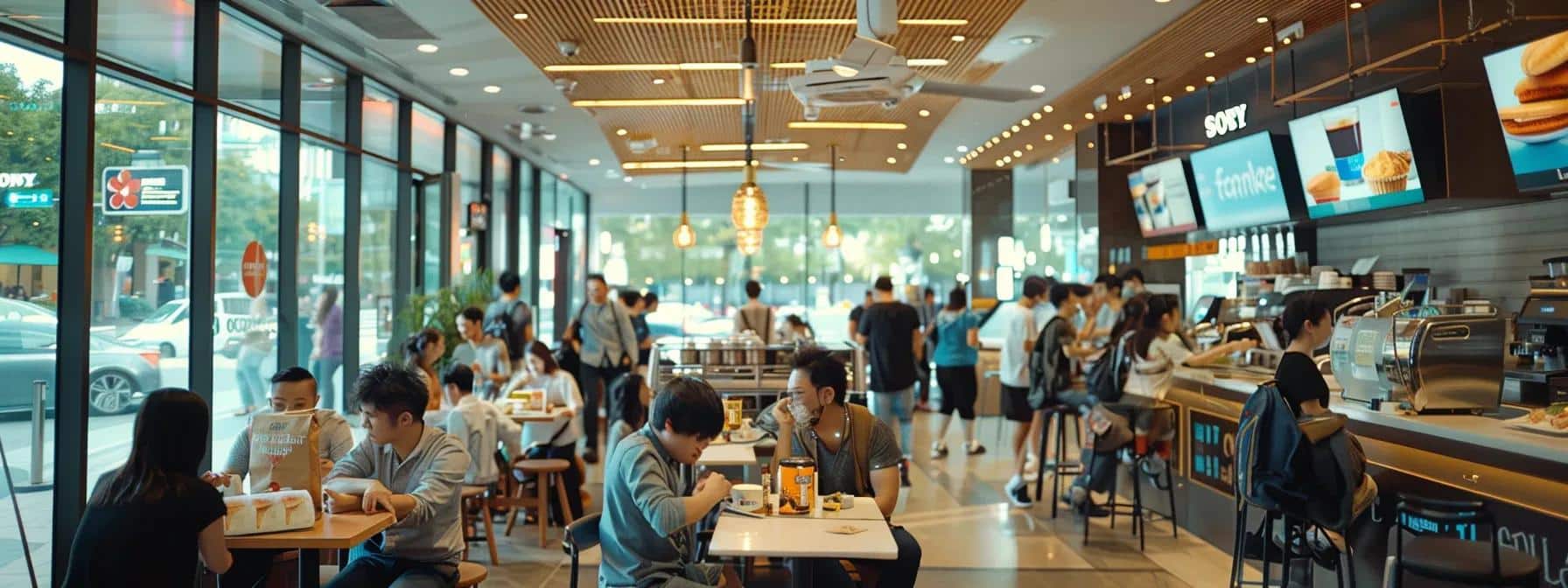 a bustling urban café scene showcases vibrant branding from major coffee and fast-food chains, highlighting promotional materials and menu adaptations tailored to local tastes displayed prominently on stylish digital screens within a chic city setting.