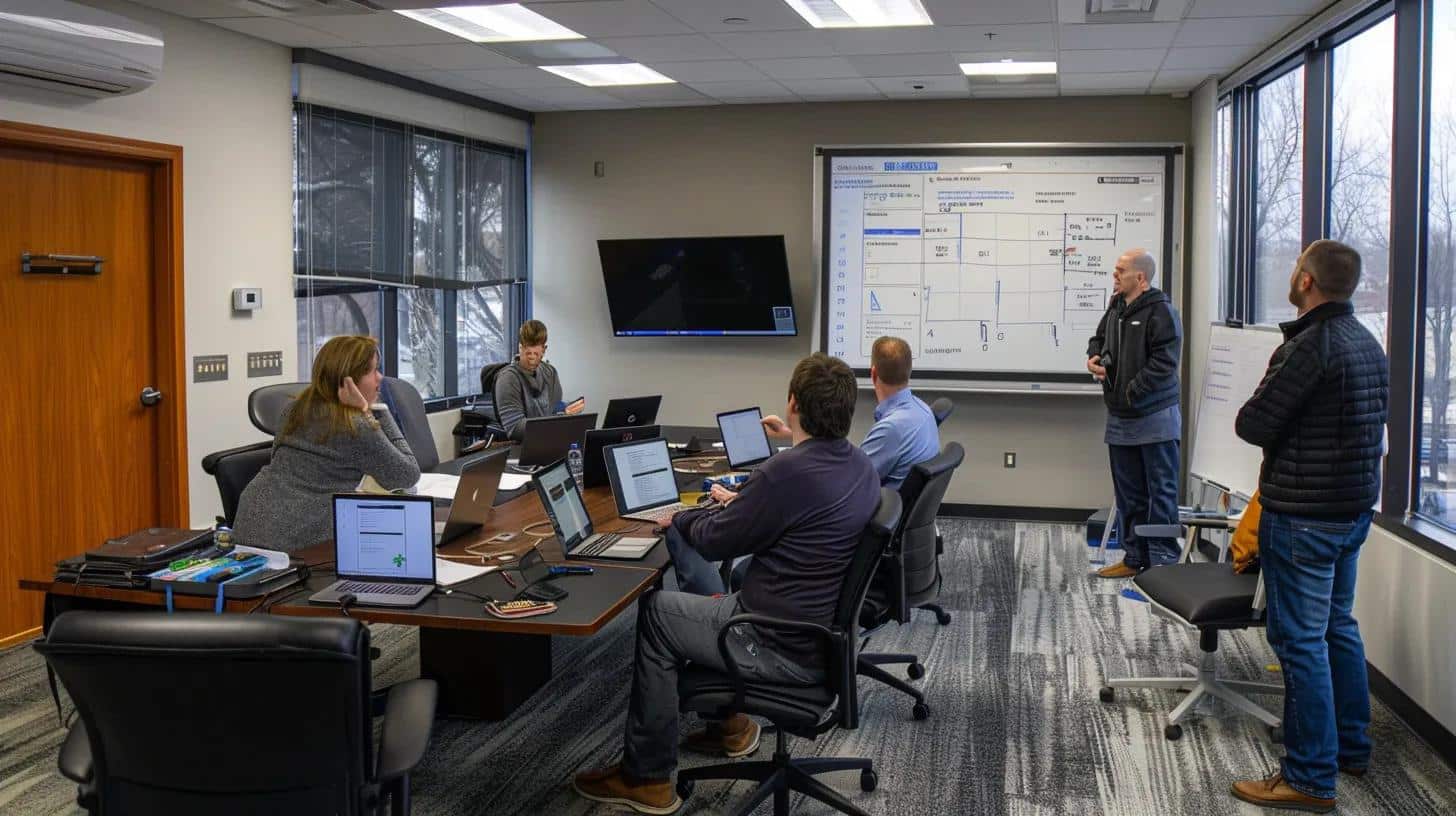 a bustling urban office setting in south lyon, mi, showcasing a team of focused professionals collaborating around laptops while discussing cms strategies on a whiteboard, emphasizing the importance of local support and tailored digital solutions for small businesses.