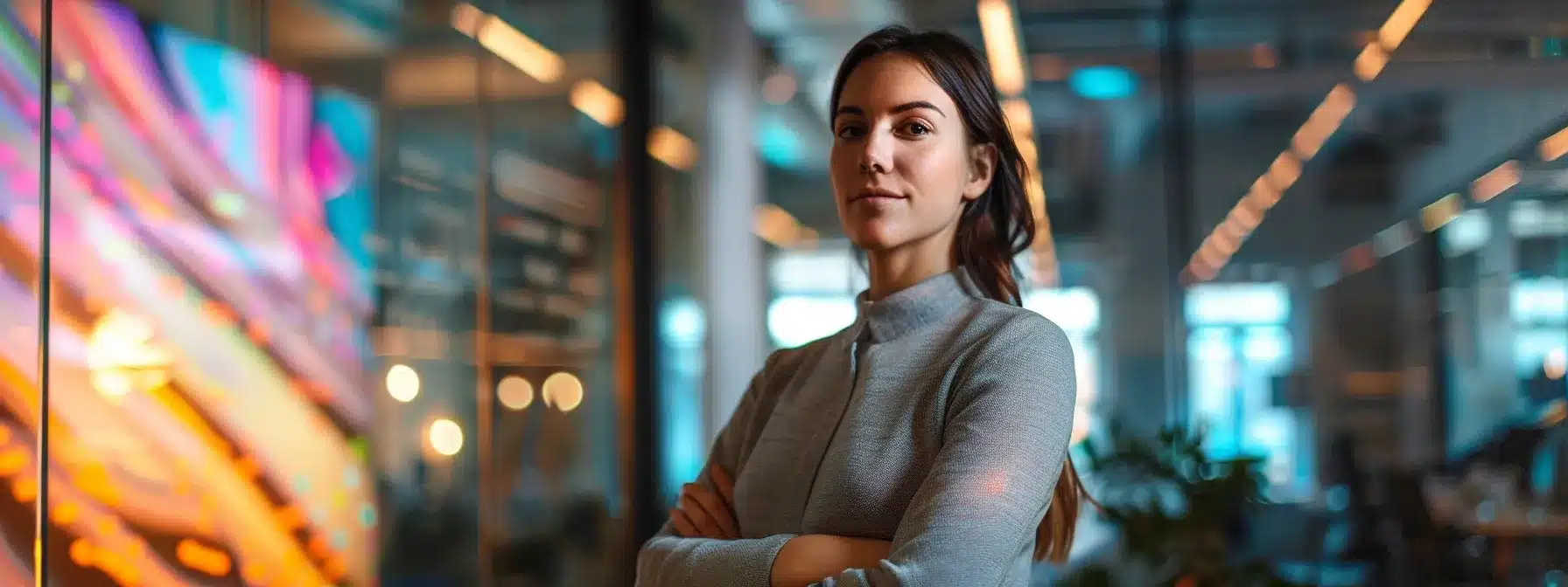 a confident business professional stands in a modern office surrounded by vibrant marketing materials and digital displays, symbolizing the strategic alignment between innovative advertising solutions and business growth.