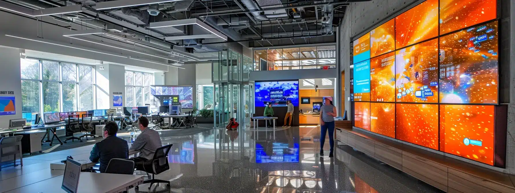 a dynamic and vibrant workspace filled with digital screens showcasing innovative advertising campaigns, highlighting the transformative power of technology and data-driven strategies embraced by michigan firms.