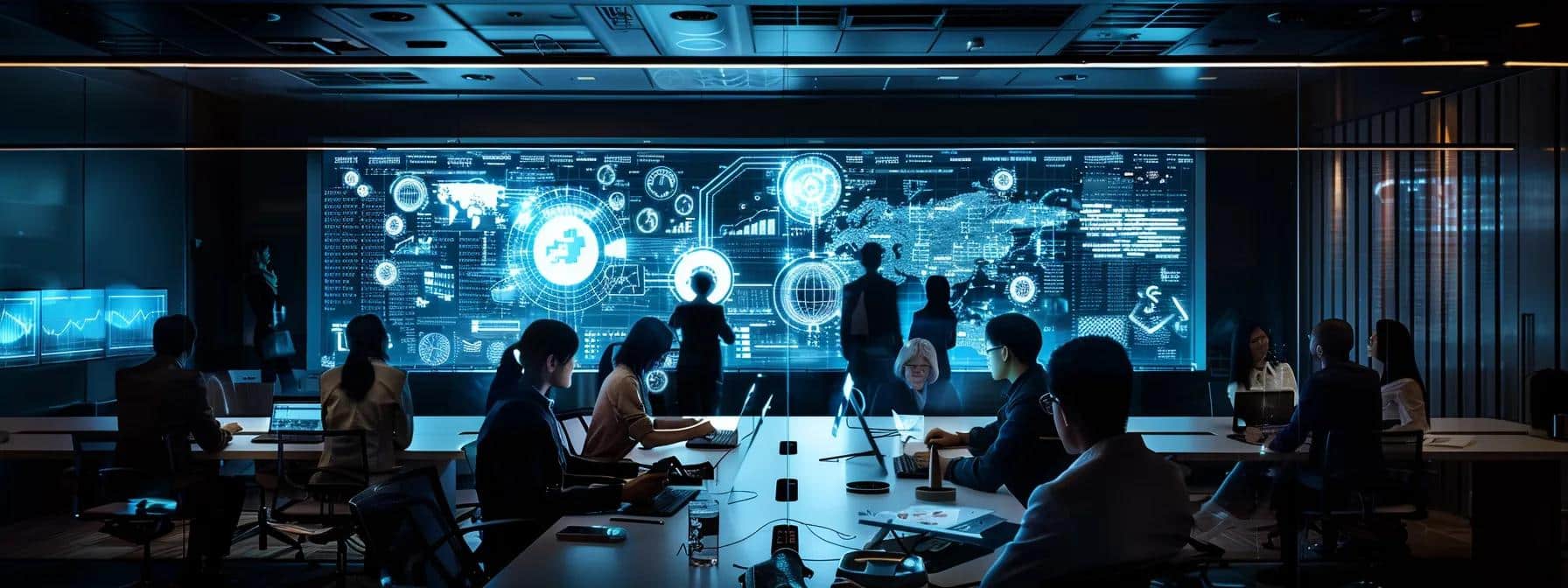 a dynamic corporate workspace features diverse teams engaging in a collaborative brainstorming session around a sleek table adorned with digital devices, illuminated by modern overhead lighting, reflecting an atmosphere of innovation and efficiency in seo strategy implementation.