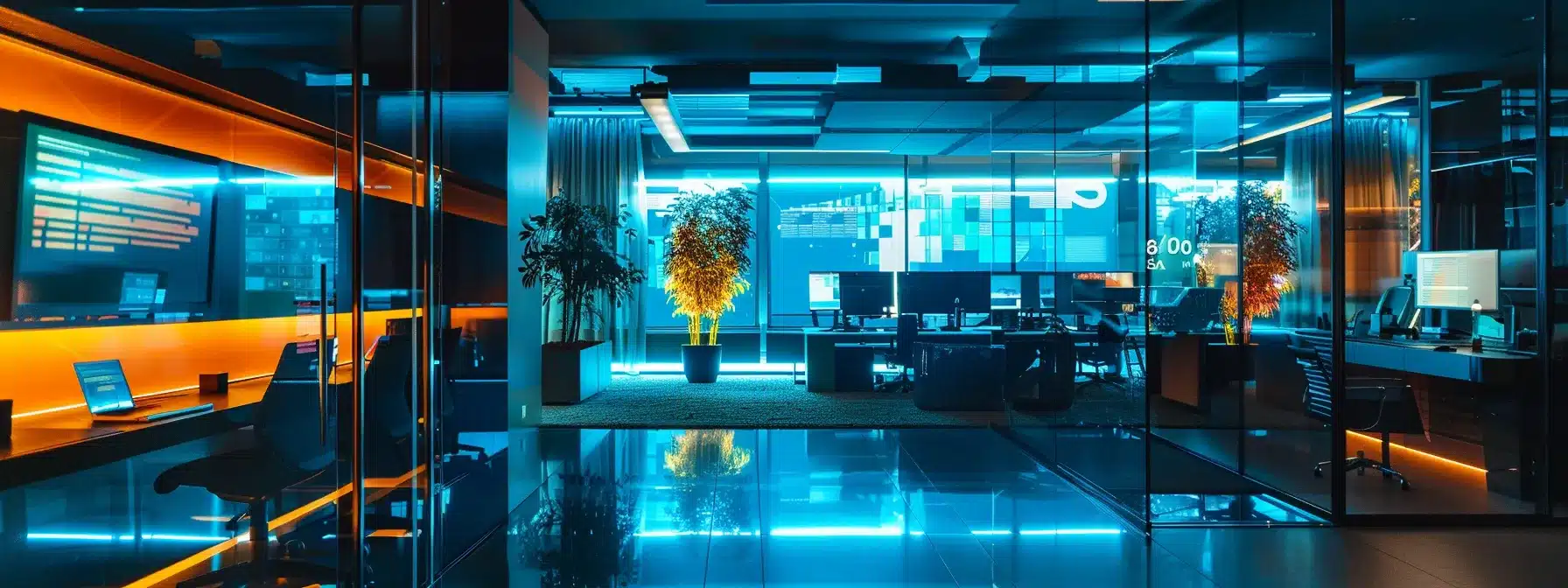 a dynamic digital marketing office filled with sleek technology displays and holographic interfaces, illustrating the integration of voice search optimization, ai-driven user insights, and personalized user experiences in a futuristic workspace.