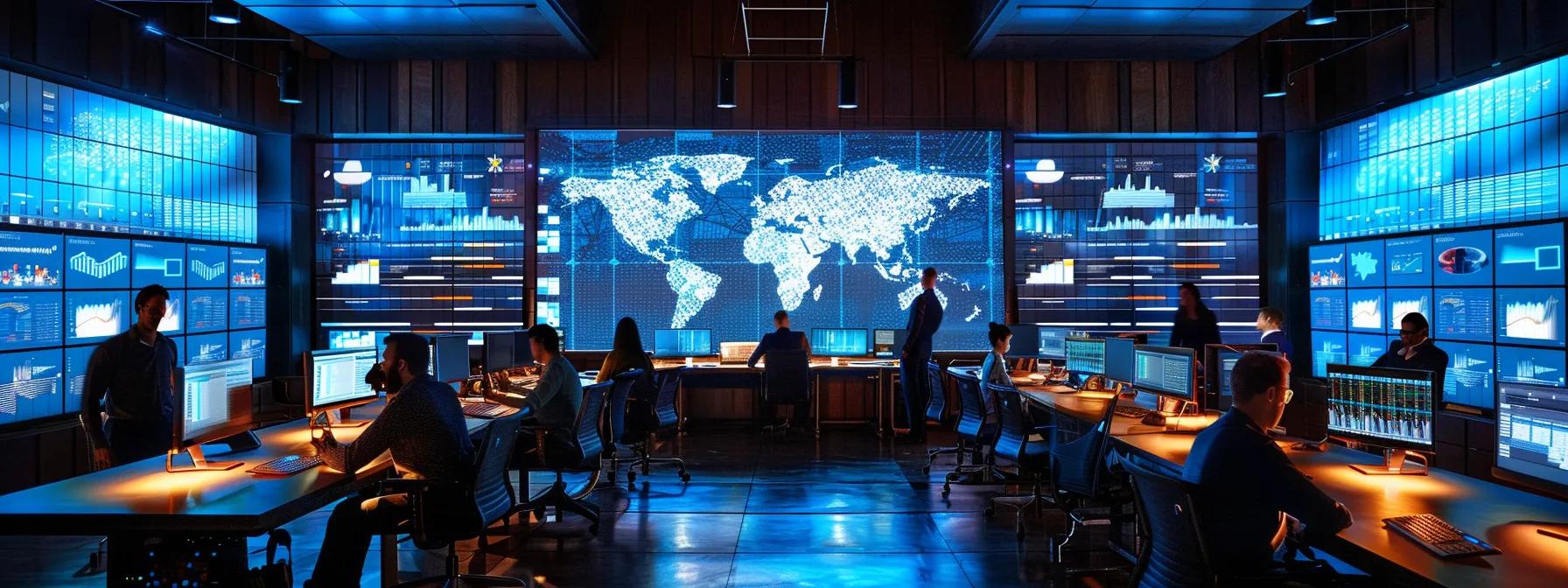 a dynamic office environment featuring a diverse team of professionals collaboratively analyzing digital marketing data on sleek monitors, surrounded by charts and graphs that illustrate a centralized seo strategy in action.