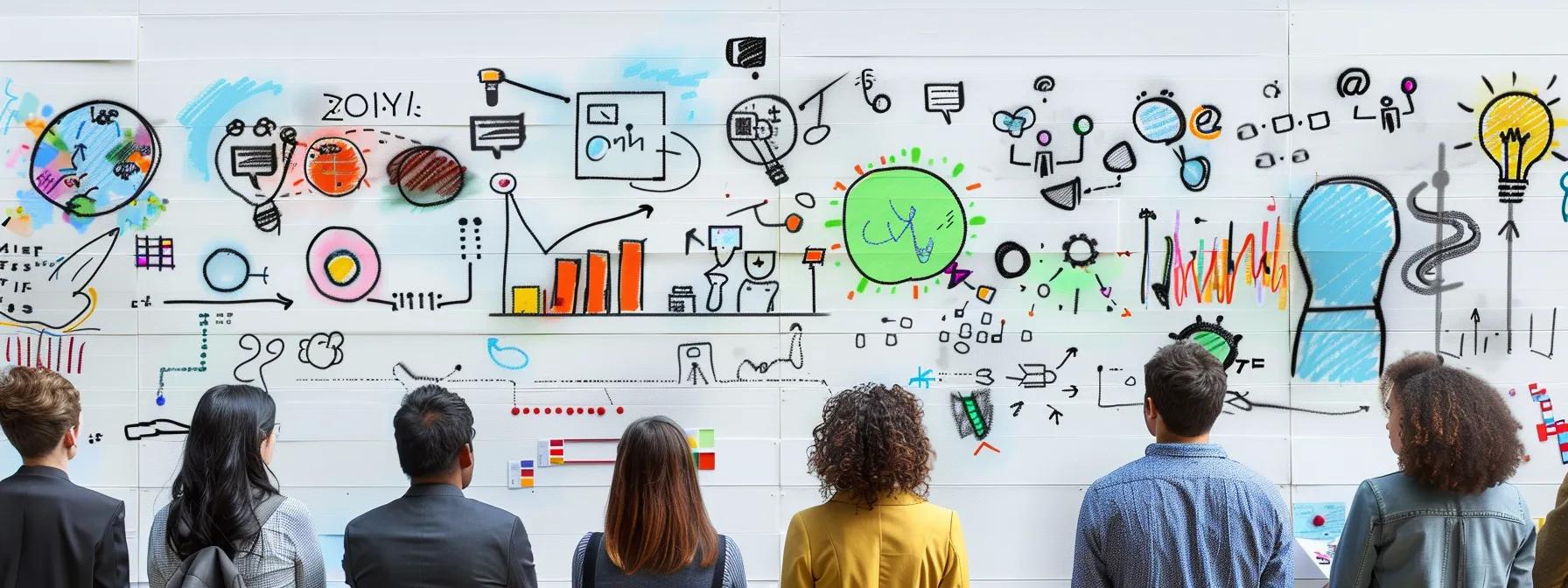 a dynamic office environment featuring a diverse team of professionals engaged in a collaborative strategy session around a digital whiteboard, illustrating the importance of centralized seo strategies and data-driven decision-making in large enterprises.
