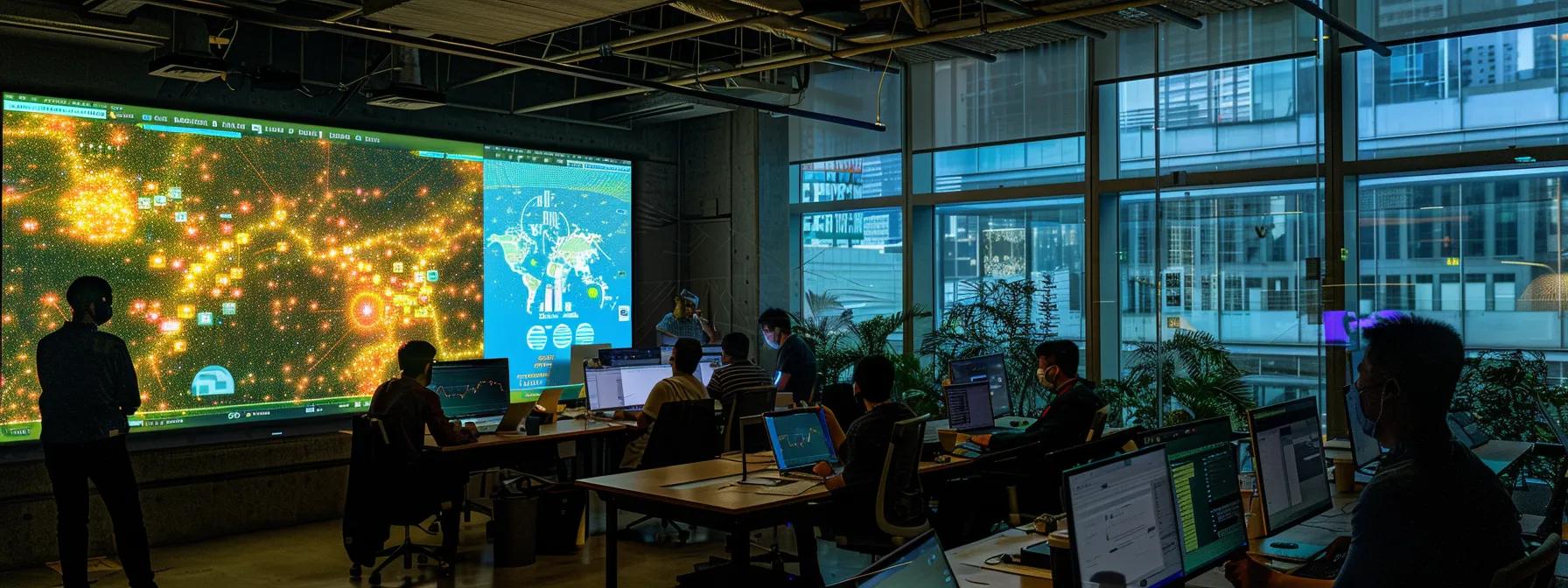 a dynamic office environment showcasing a diverse team engaged in a strategic local seo brainstorming session, surrounded by digital screens displaying analytics, maps, and vibrant data visualizations that emphasize their commitment to enhancing local search visibility.