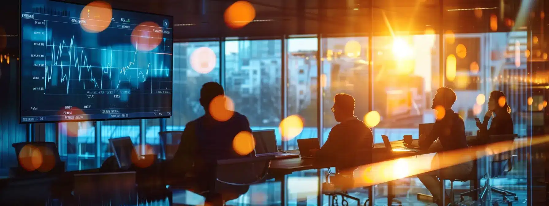 a dynamic office environment showcasing a team of professionals collaborating intensely around a digital screen displaying vibrant advertising analytics, illuminated by warm, natural light streaming through large windows.