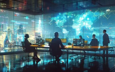 a dynamic office scene showcases a group of professionals engaging in a collaborative brainstorming session, surrounded by digital displays of link-building strategies and analytics, illuminated by vibrant, focused lighting to emphasize the energy of innovative discussion.