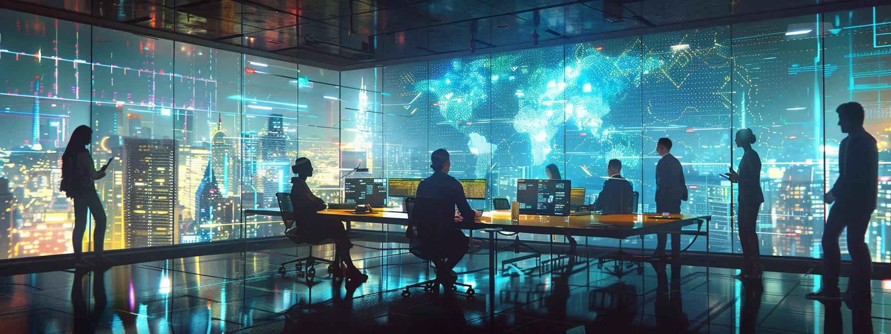 a dynamic office scene showcases a group of professionals engaging in a collaborative brainstorming session, surrounded by digital displays of link-building strategies and analytics, illuminated by vibrant, focused lighting to emphasize the energy of innovative discussion.