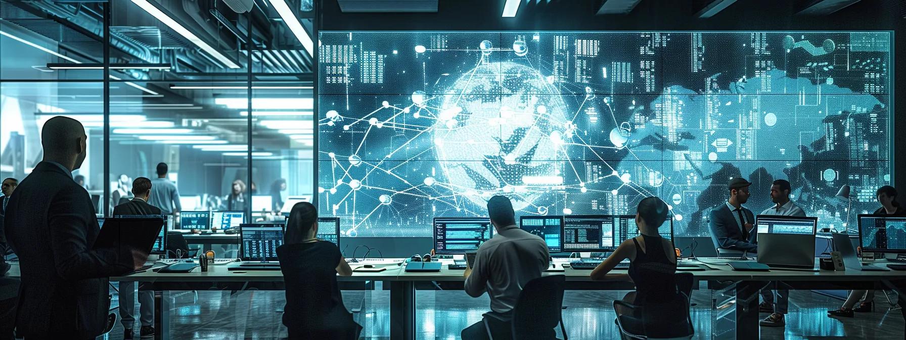 a dynamic office setting filled with professionals engaging in a collaborative discussion over a large digital screen showcasing complex data analytics and link-building strategies, illuminated by modern lighting fixtures that create an impactful atmosphere of innovation and teamwork.