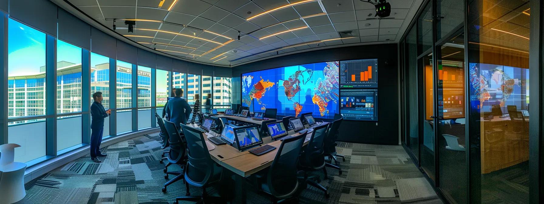 a dynamic office space with a sleek, modern conference room displaying a large screen showing vibrant analytical dashboards, illustrating the impact of seo initiatives on revenue and growth, with engaged executives discussing strategies amidst a backdrop of clean lines and cutting-edge technology.