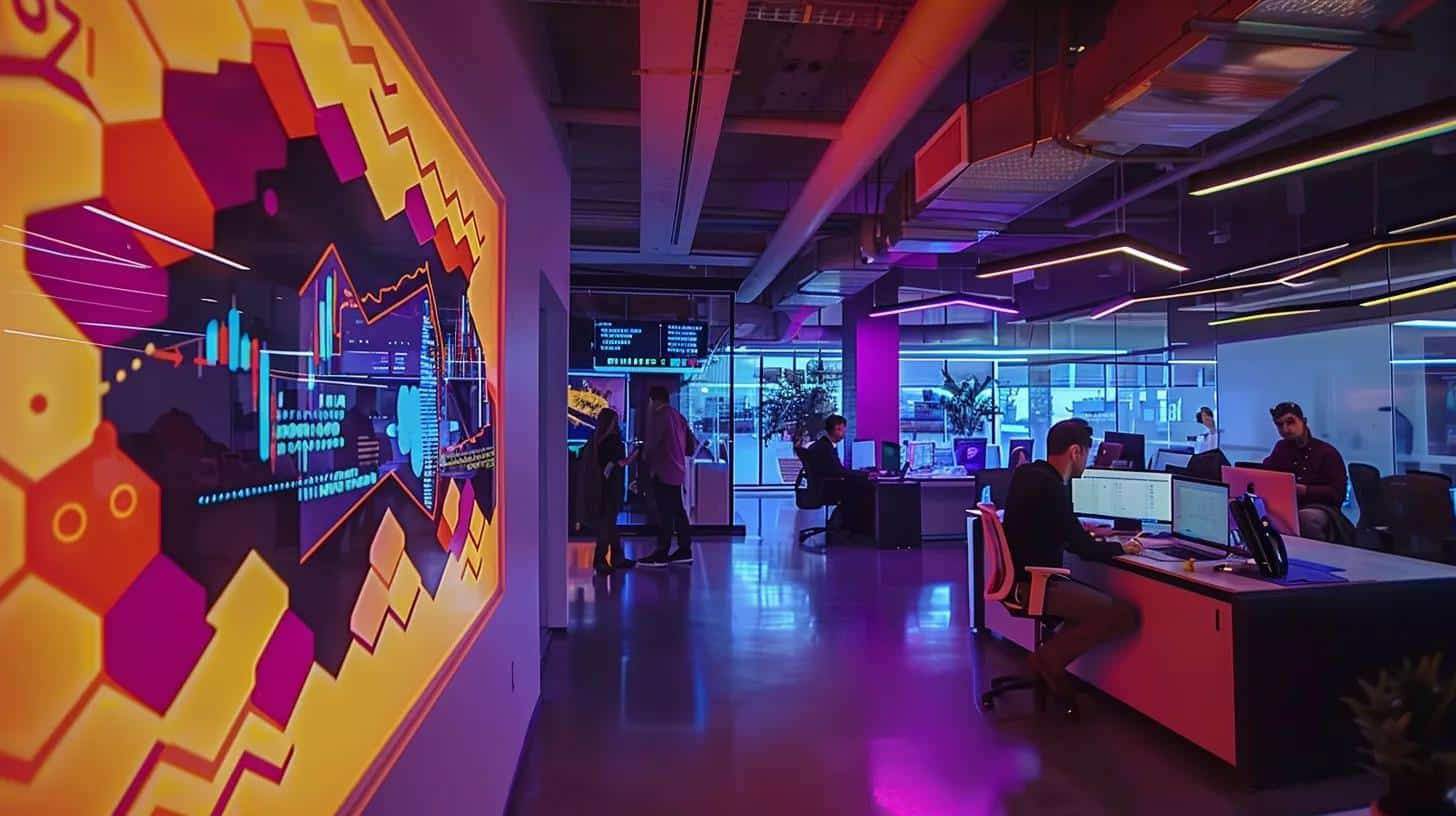 a dynamic office workspace buzzes with activity as a diverse team collaborates around laptops and digital marketing charts, illuminated by modern lighting and showcasing vibrant visuals of seo strategies and e-commerce growth on screens.
