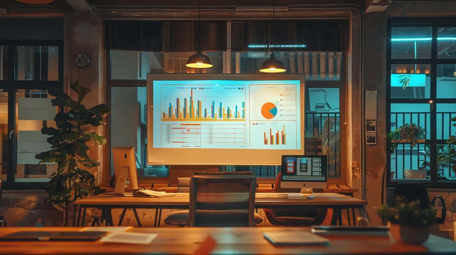 a dynamic office workspace featuring a large whiteboard filled with colorful keyword strategies and charts, illuminated by bright overhead lights, emphasizing the importance of targeted keyword planning for local businesses in south lyon.