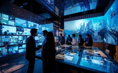 a dynamic urban office scene featuring a group of professionals engaged in a collaborative meeting, surrounded by digital displays showcasing e-commerce analytics and seo strategies, all infused with a modern tech-savvy aesthetic.