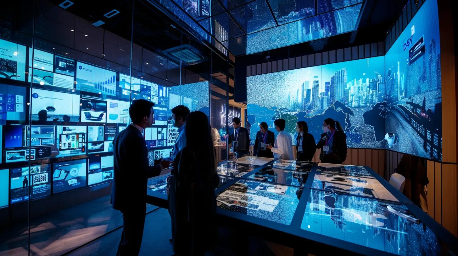 a dynamic urban office scene featuring a group of professionals engaged in a collaborative meeting, surrounded by digital displays showcasing e-commerce analytics and seo strategies, all infused with a modern tech-savvy aesthetic.
