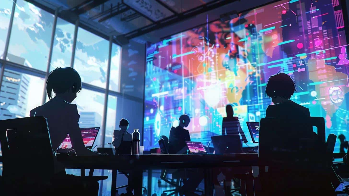 a dynamic urban office scene, featuring a diverse group of professionals engaged in an animated discussion over digital marketing strategies, with sleek laptops and vibrant infographics projected on a modern conference room screen.