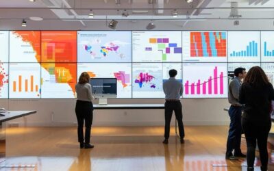 a dynamic urban office setting features a focused professional engaging in a collaborative brainstorming session, surrounded by vibrant charts and digital screens that illustrate effective link-building strategies for brand growth.