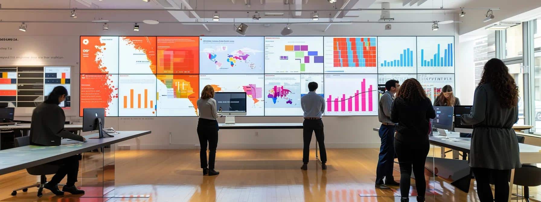 a dynamic urban office setting features a focused professional engaging in a collaborative brainstorming session, surrounded by vibrant charts and digital screens that illustrate effective link-building strategies for brand growth.