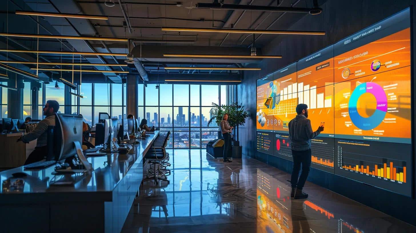 a dynamic urban office space bustling with digital marketing professionals collaborating over analytics dashboards on sleek monitors, infused with vibrant visuals highlighting tailored seo strategies and social media campaigns.