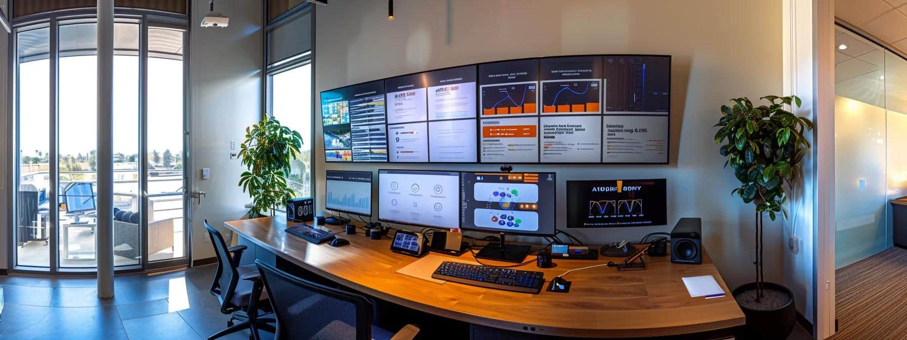 a dynamic urban office space showcases a sleek work desk with a large computer screen displaying a vibrant infographic on link-building strategies, emphasizing the concept of strong links as vital endorsements for branding success.