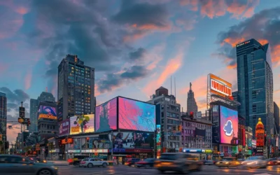 A Dynamic Urban Skyline Of Michigan At Dusk, Showcasing Vibrant Billboards And Digital Advertisements, Reflects The Thriving Landscape Of Expert Advertising Firms Ready To Elevate Businesses.