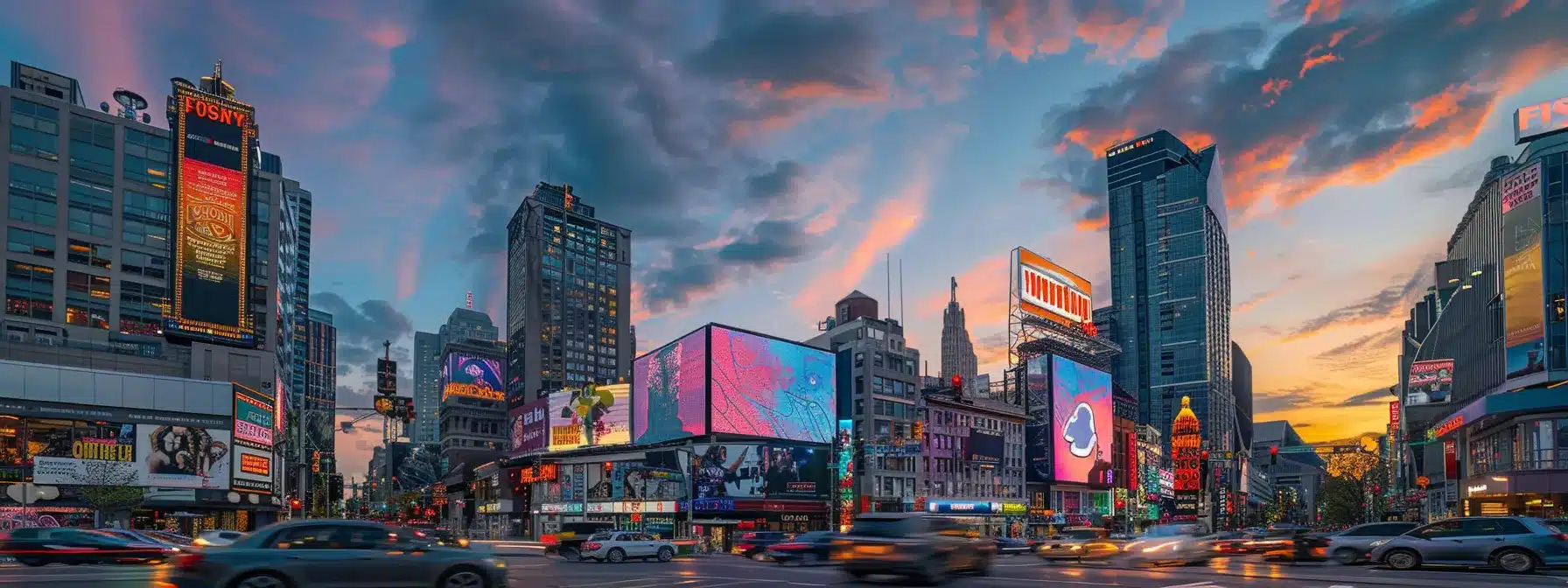 a dynamic urban skyline of michigan at dusk, showcasing vibrant billboards and digital advertisements, reflects the thriving landscape of expert advertising firms ready to elevate businesses.