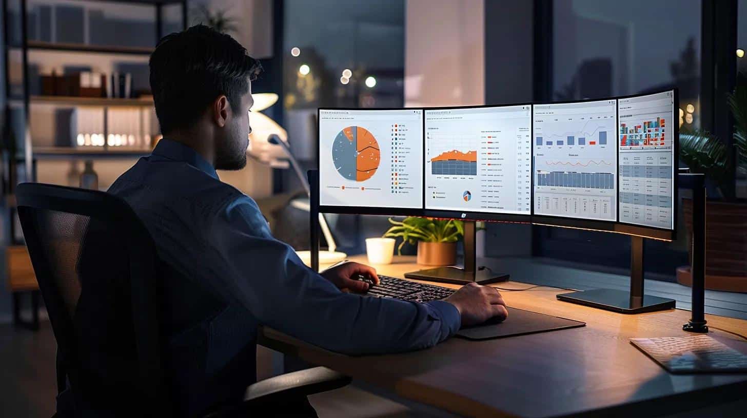 a focused digital marketer analyzes keyword performance data on dual monitors in a sleek, modern office, illuminated by a soft, ambient glow, while making strategic adjustments to an seo dashboard displayed on the screens.