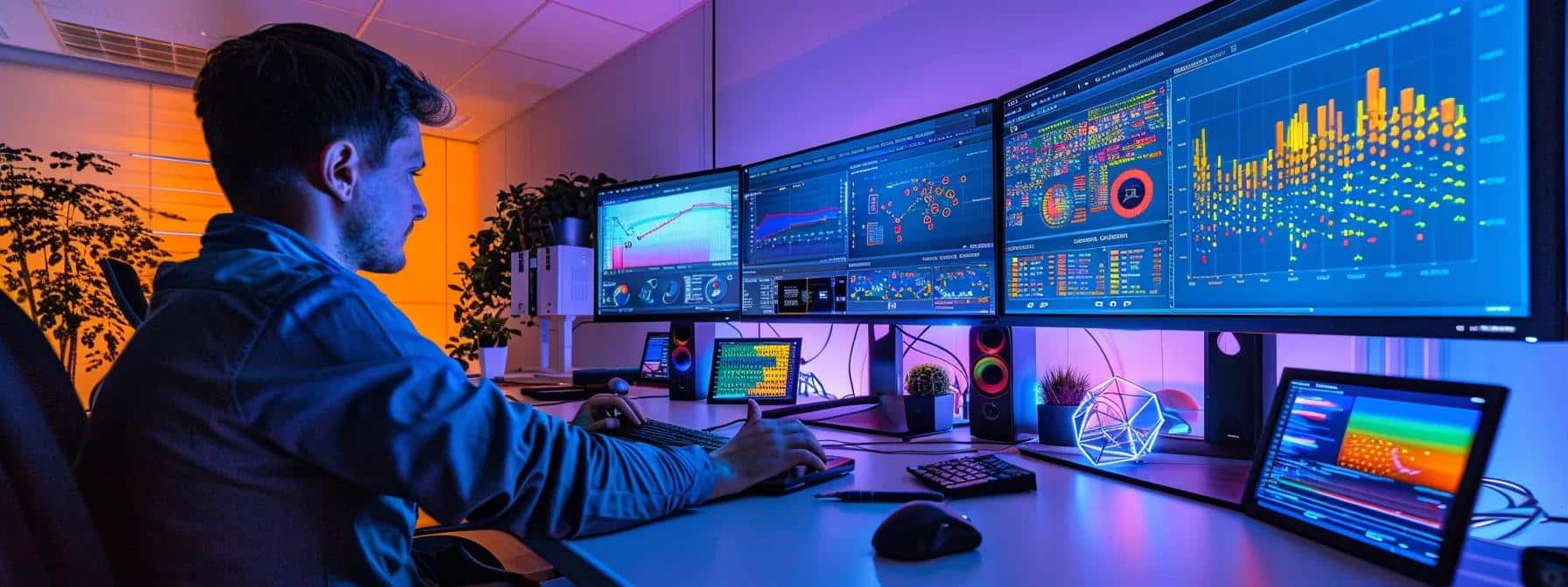 a focused digital marketer is intently analyzing a vibrant, detailed dashboard filled with colorful graphs and metrics on a sleek monitor, surrounded by a modern office environment that emphasizes a strategic approach to effective link building.