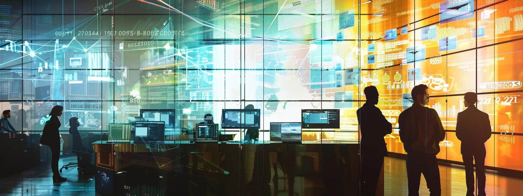 a focused office environment captures a team of professionals analyzing data on multiple screens, surrounded by technical diagrams and digital representations of website structures, highlighting the importance of conducting thorough technical seo audits for enterprise-level sites.