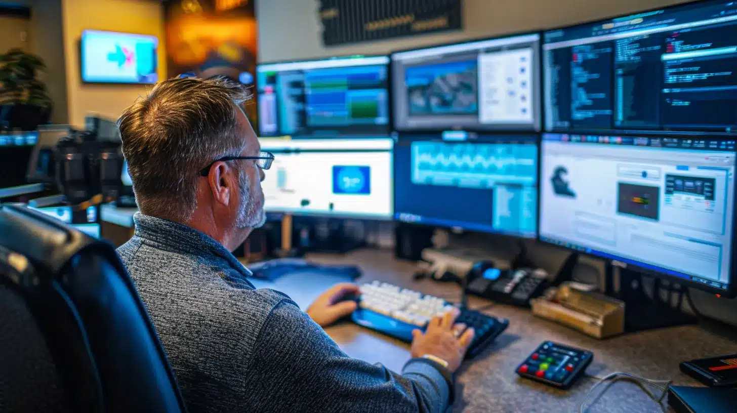 a focused office setting showcases a cybersecurity expert intently reviewing security audits on multiple screens while surrounded by high-tech security tools and digital data visualizations, emphasizing the critical importance of website protection against threats.